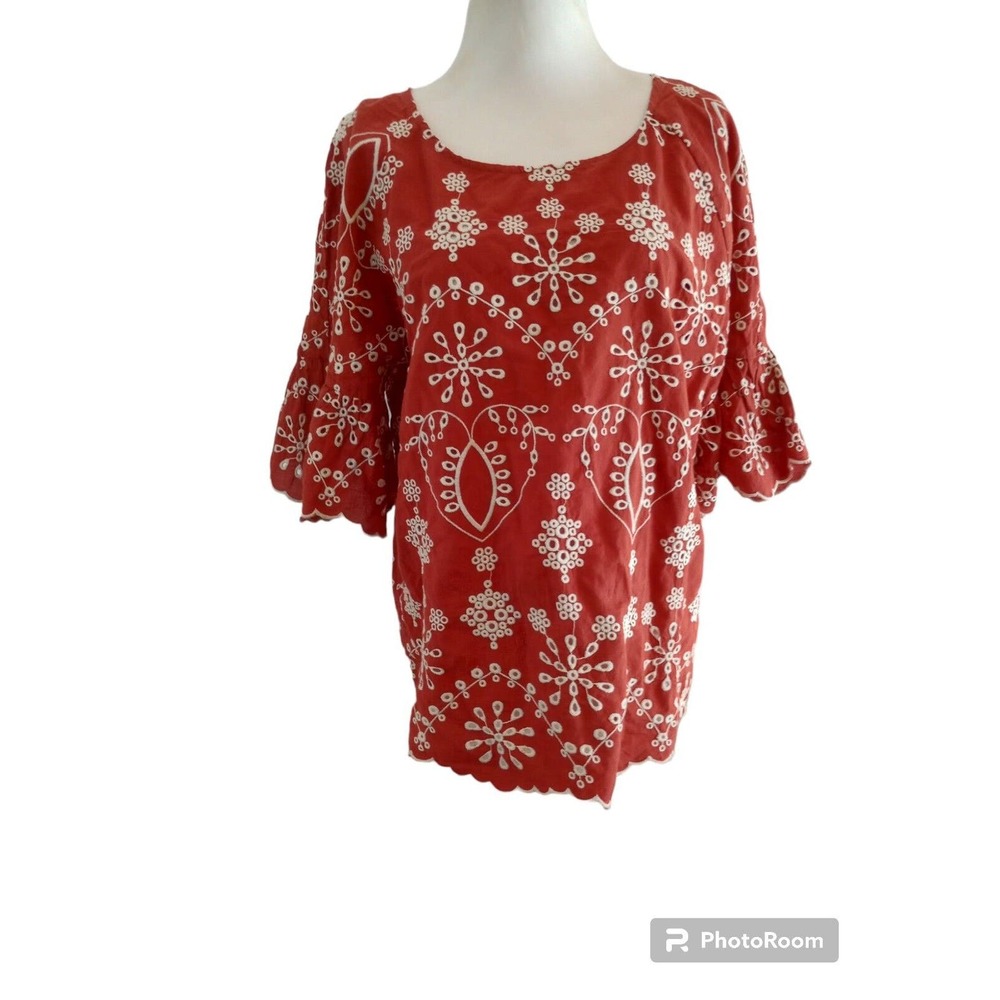 GIVEN KALE Women’s Top M White/Orange Rust Embroidered Eyelet Hippie Boho Cotton
